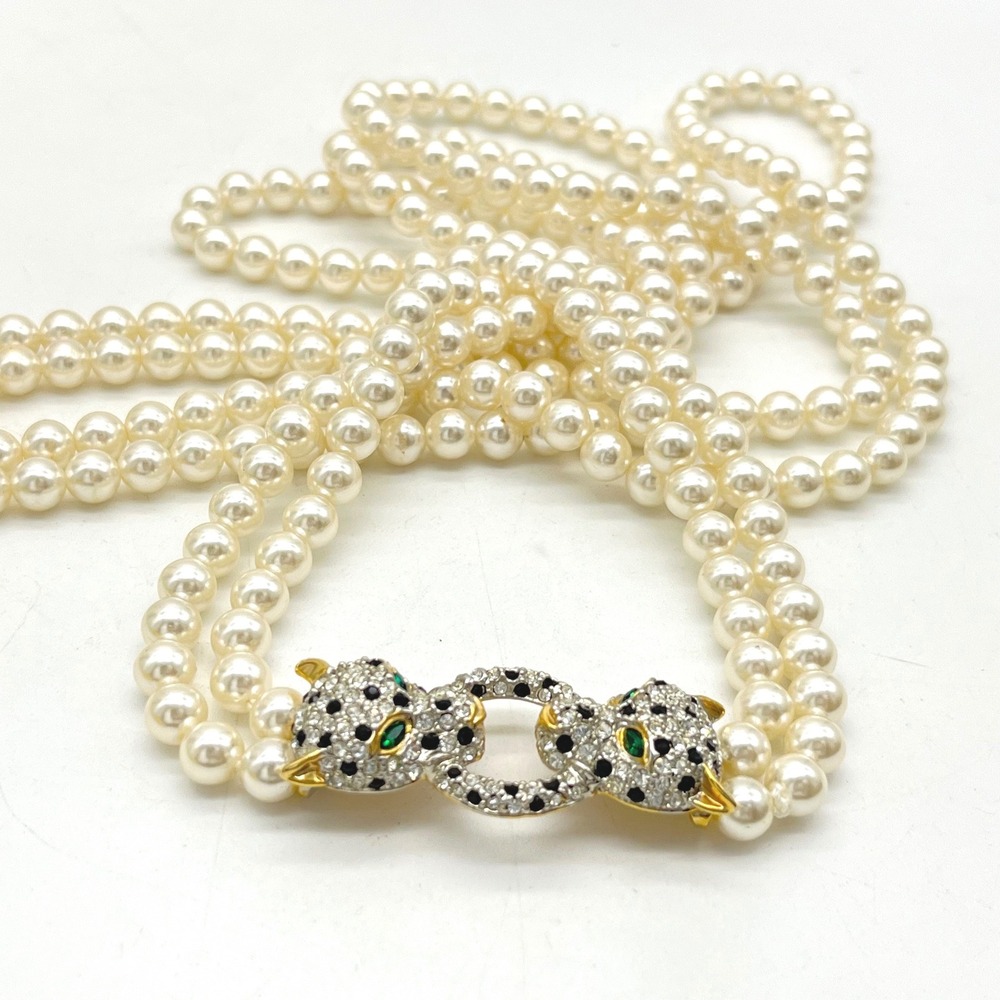 Vintage Double Strand Faux Pearl Panther Clasp Necklace Rhinestone Green‎ Eye